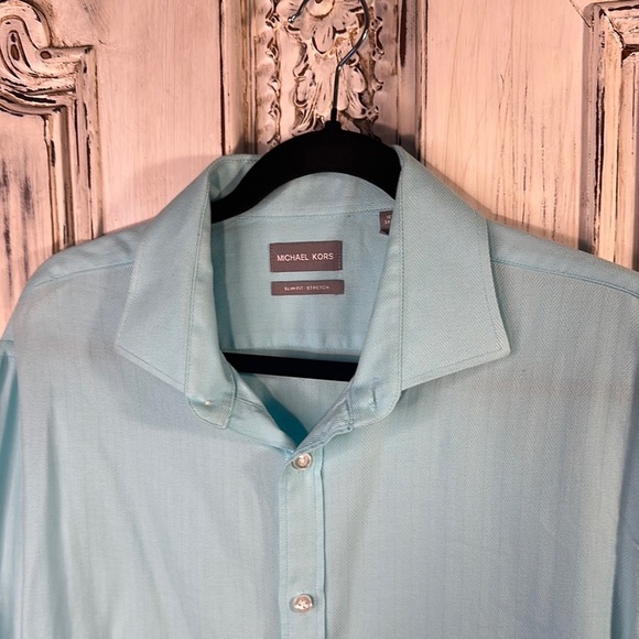 Michael Kors Slim Fit Stretch Light Aqua Long Sleeves Button-Up Shirt - Picture 4 of 8